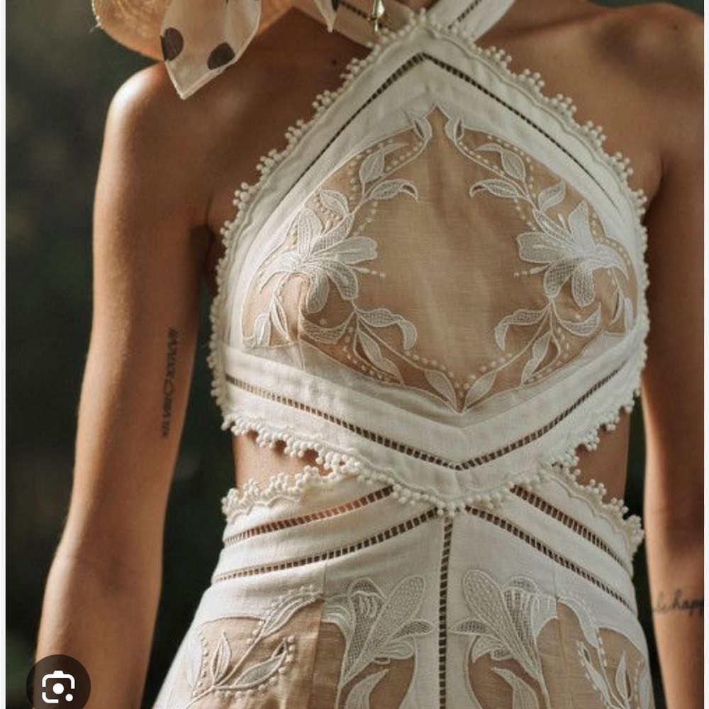 Zimmermann Corsage Lily Silk Linen Floral Appliqué Halter Dress - Picture 4 of 5